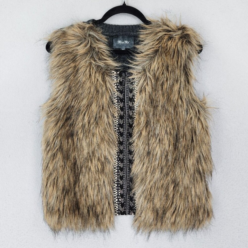 Miss Me Vest Womens Medium Brown Gray Faux Fur Beaded Cable Knit Casual Aztec